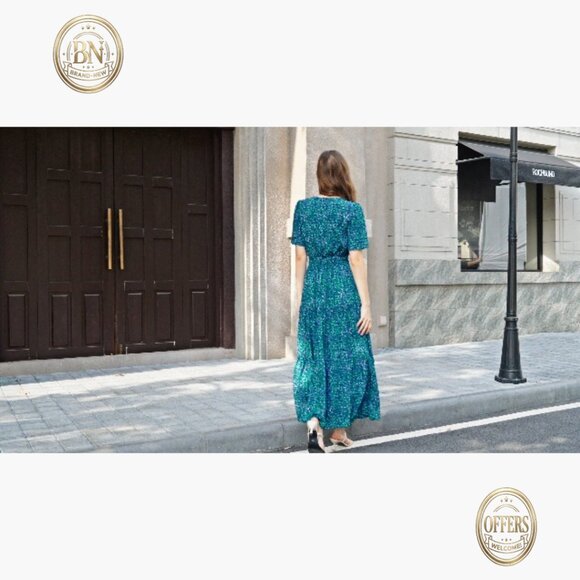 Viscose Maxi Dress with V-Neck Short Sleeves and Pockets - Picture 5 of 7